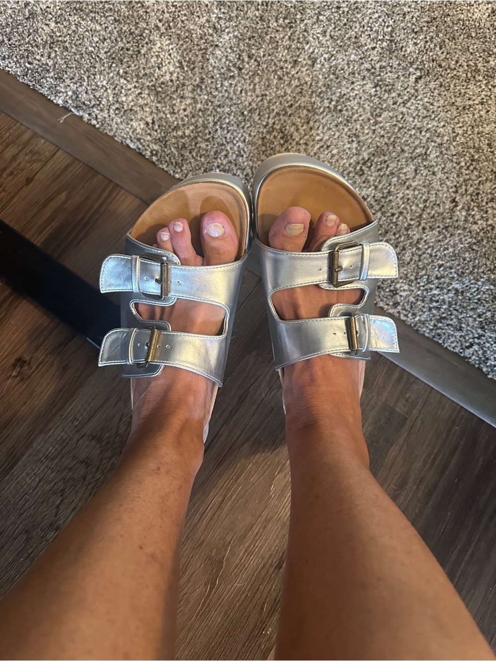 Others Follow Silver Double-Buckle Platform Slide Sandals